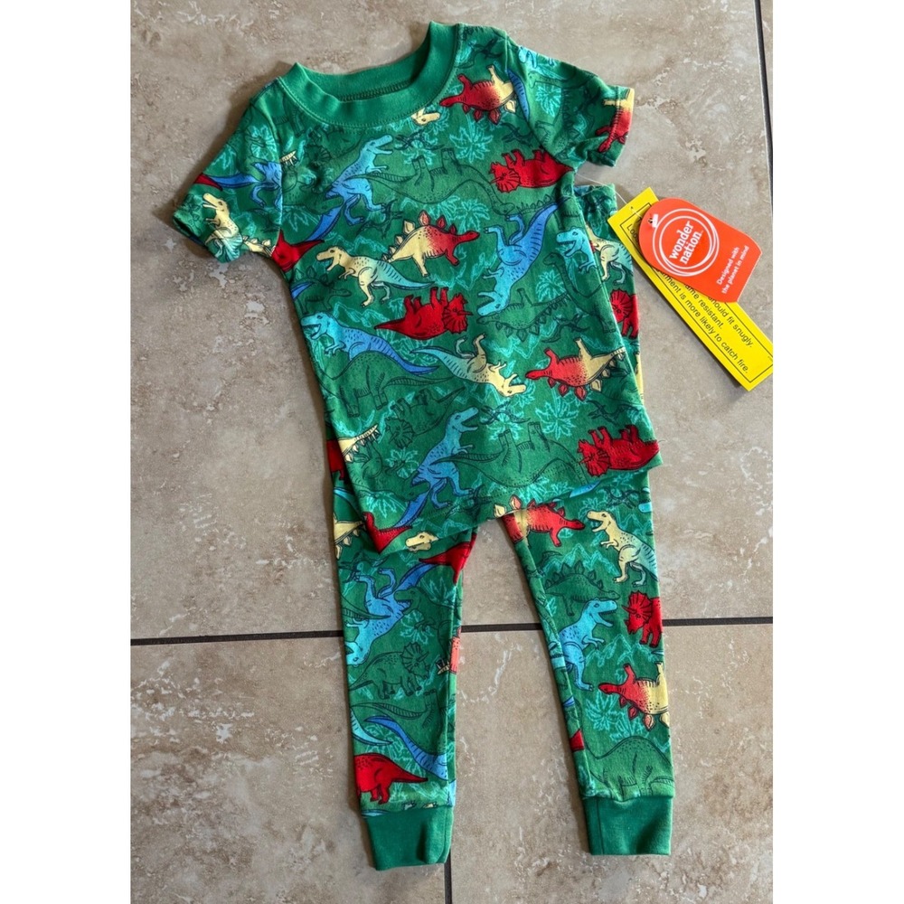 Wonder Nation Pajama Set Toddler Boys 18M Green Dinosaurs Cotton Snug Fit NEW‎
